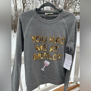 NWT Bow & Drape “You Had Me At Merlot” Sequin Sweatshirt S